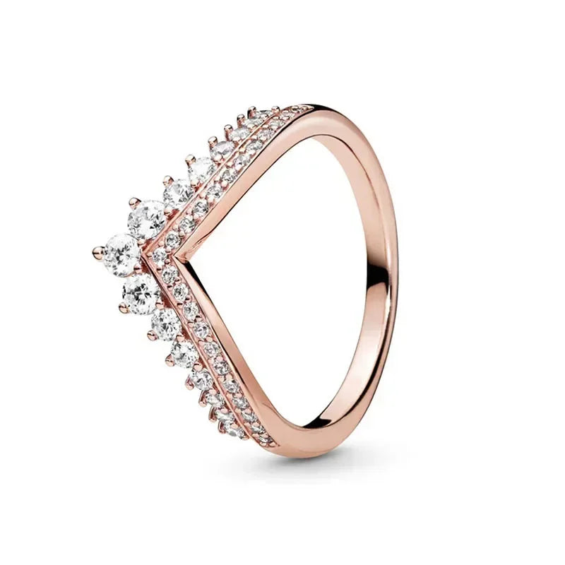 Elegant 925 Sterling Silver Rose Gold Zircon Crown Ring for Women GRAY
