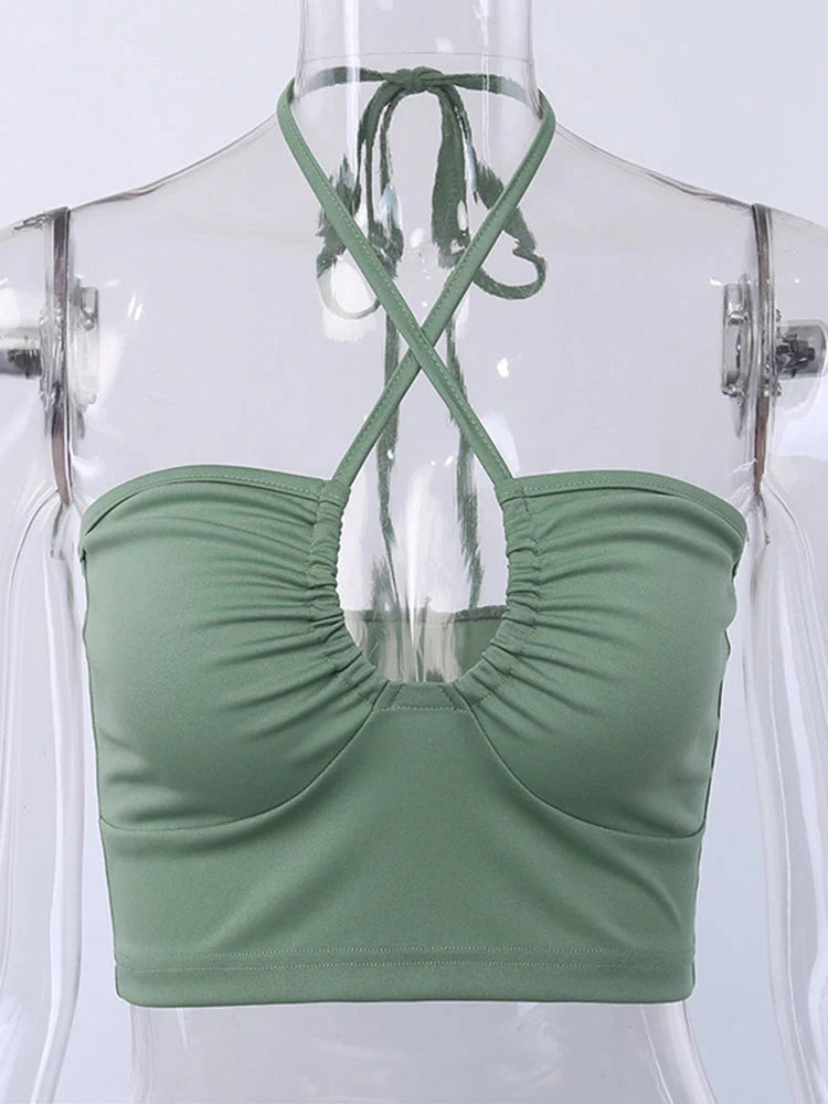Sexy Lace Up Bow Halter Ruched Crop Top Backless Tube Top
