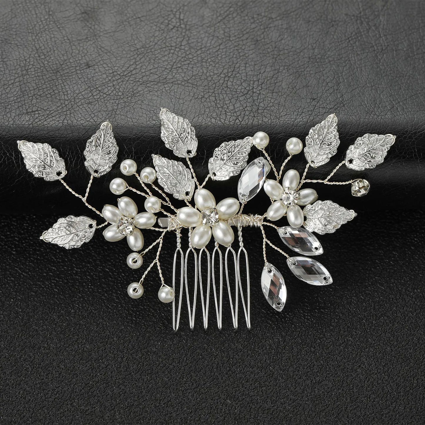 Crystal Pearl Leaf Hair Comb Clip - Handmade Wedding Tiara for Brides Style 3