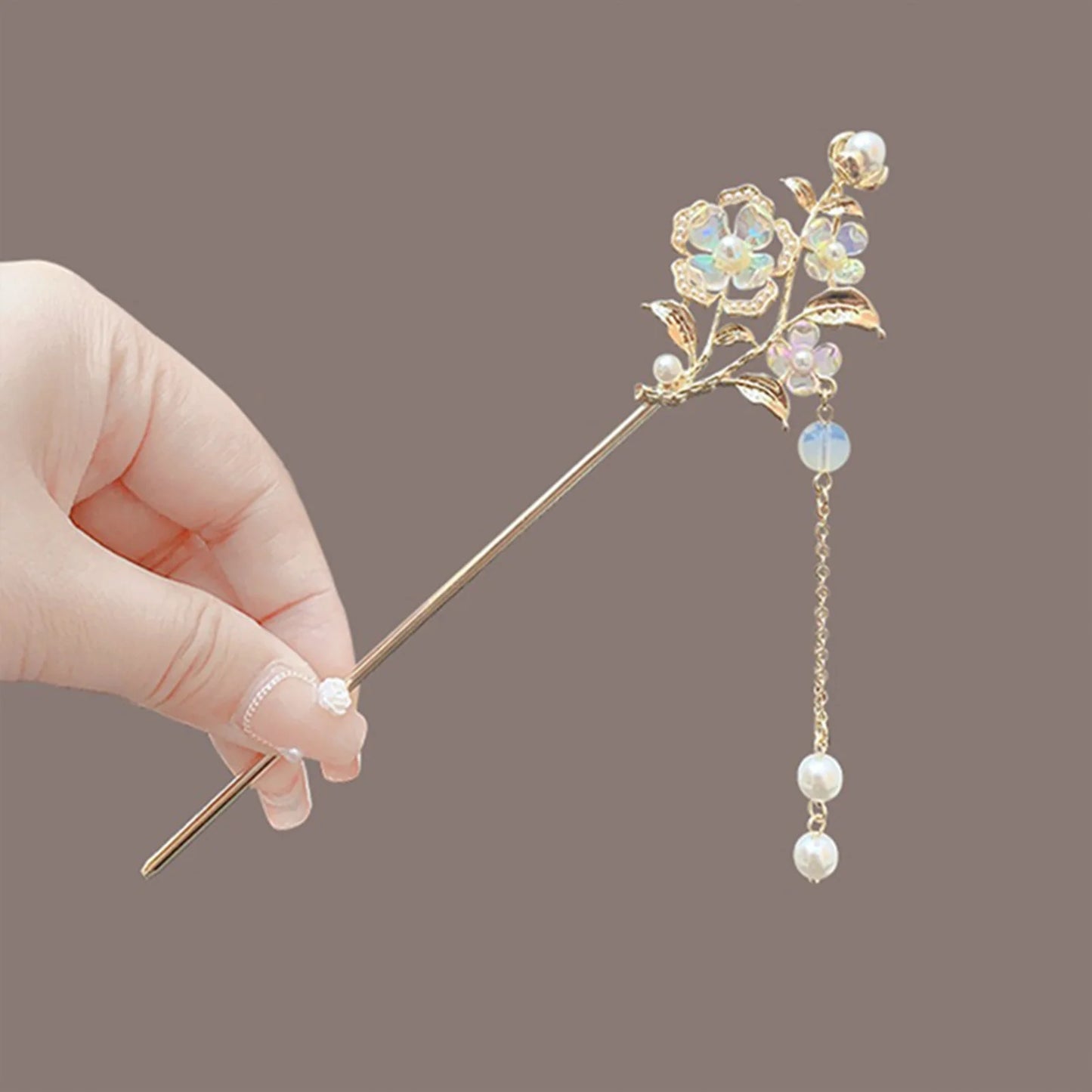 Elegant Gold Red Floral Pearl Long Tassel Hairpins Bridal Chinese Wedding Headpiece