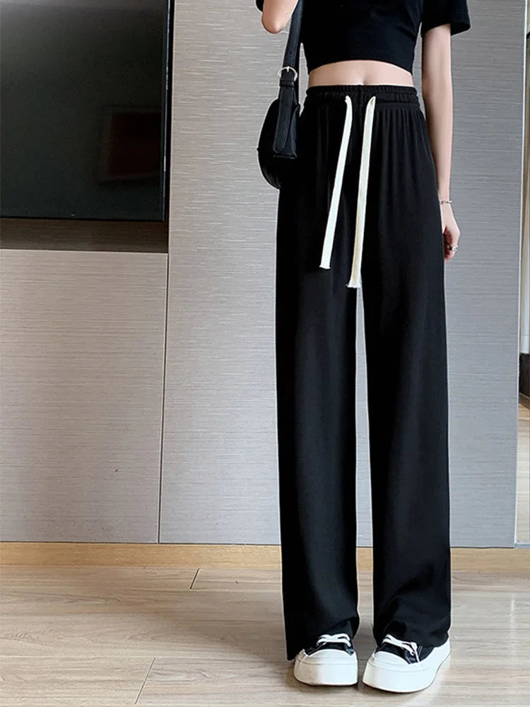 Summer Lace Up Wide Leg High Waist Pants for Women Ice Silk