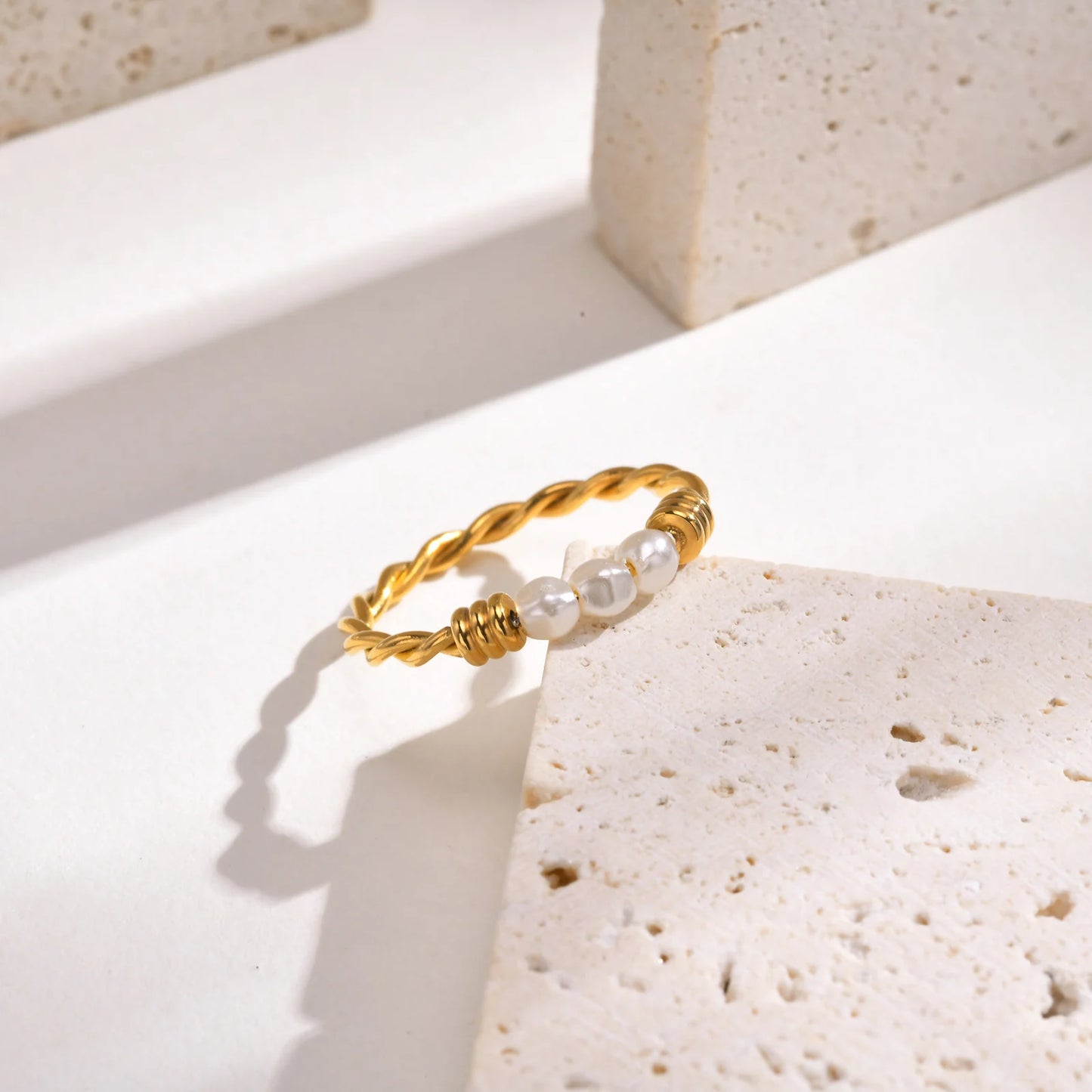 Elegant Gold-Plated Braided Pearl Ring for Women - Stackable Wedding or Party Jewelry