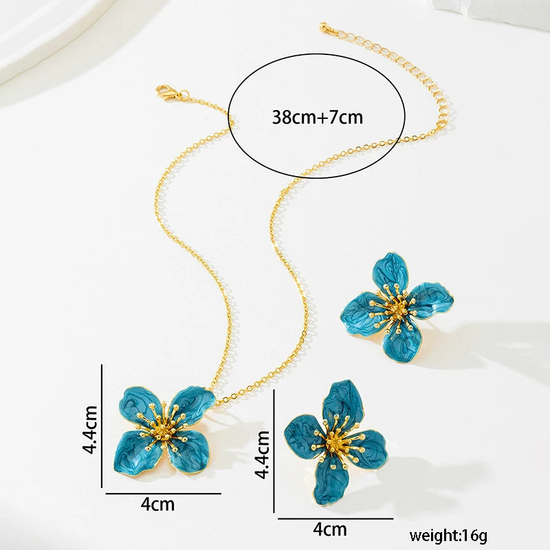 Trendy Blue Enamel Floral Petal Necklace And Earring Set