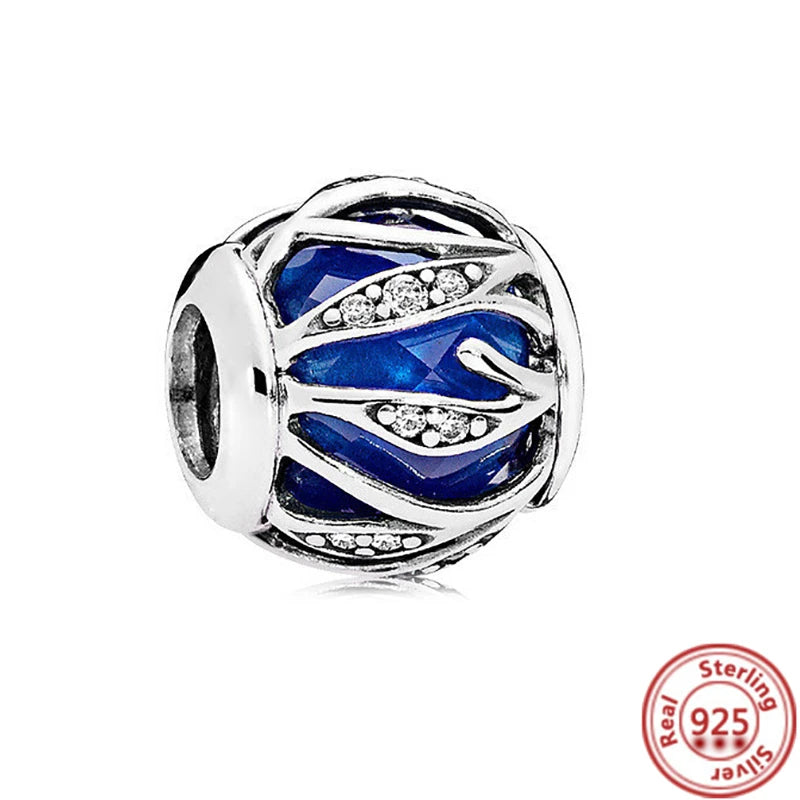 Sterling Silver Blue Zircon Feather Crown Moon Pendant Charm Bracelet Beads N684 3mm-4mm