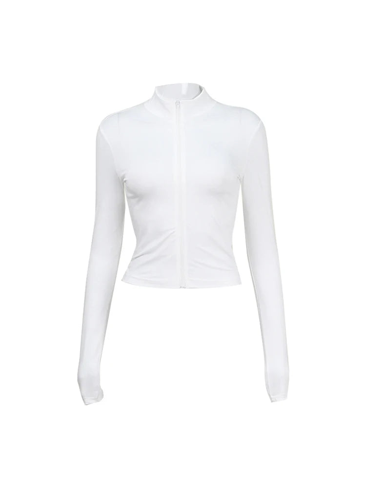 Long sleeved semi high neck zipper cardigan short style tight fitting spicy girl style fashionable crop top T-shirt