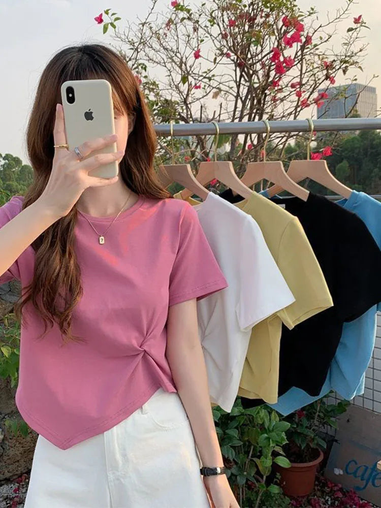 Y2K Irregular Slim O Neck Tee Women Summer Skinny Solid