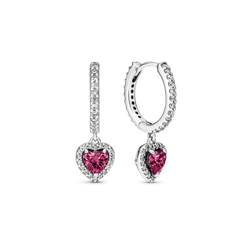 European 925 Silver Heart Shaped Earrings with Pink Red Green Zircon for Women Exquisite Holiday Jewelry Gifts