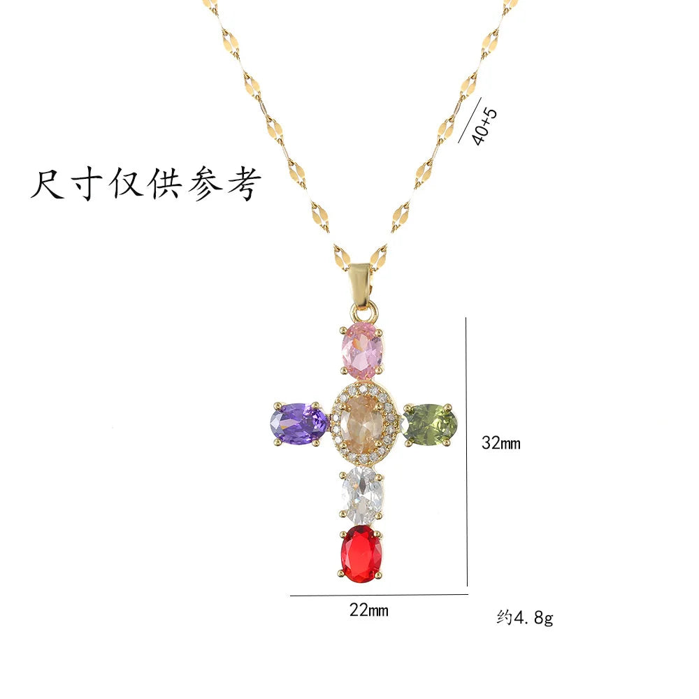 Elegant Rainbow Zircon Cross Pendant Necklace in Vintage Gold for Women