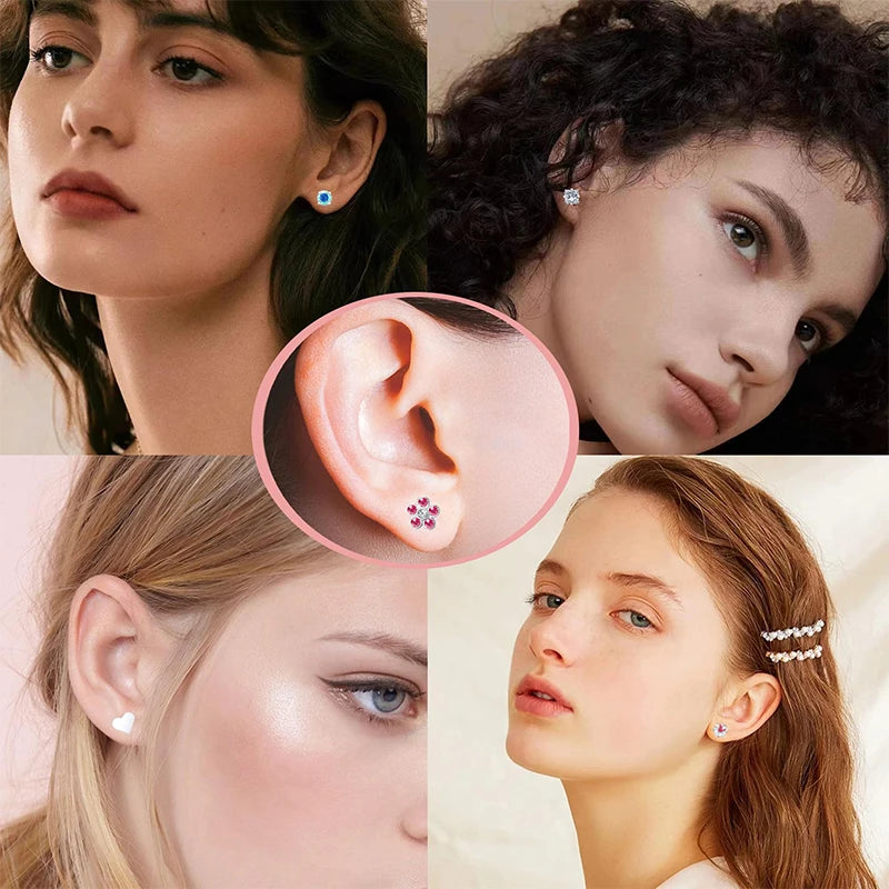 2PCS Set Stainless Steel Heart Moon Stud Earrings for Women Trendy Ear Tragus Cartilage Body Piercing