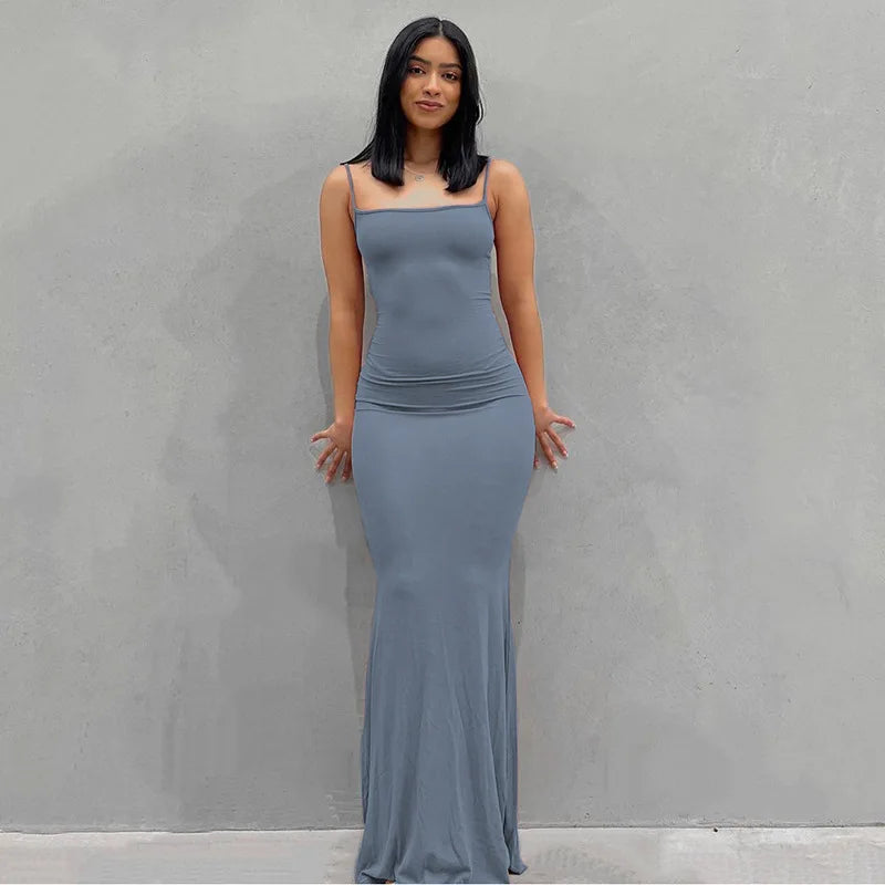 2024 Summer Dresses For Women Sexy Black Spaghetti Strap Maxi Blue-Sleeveless