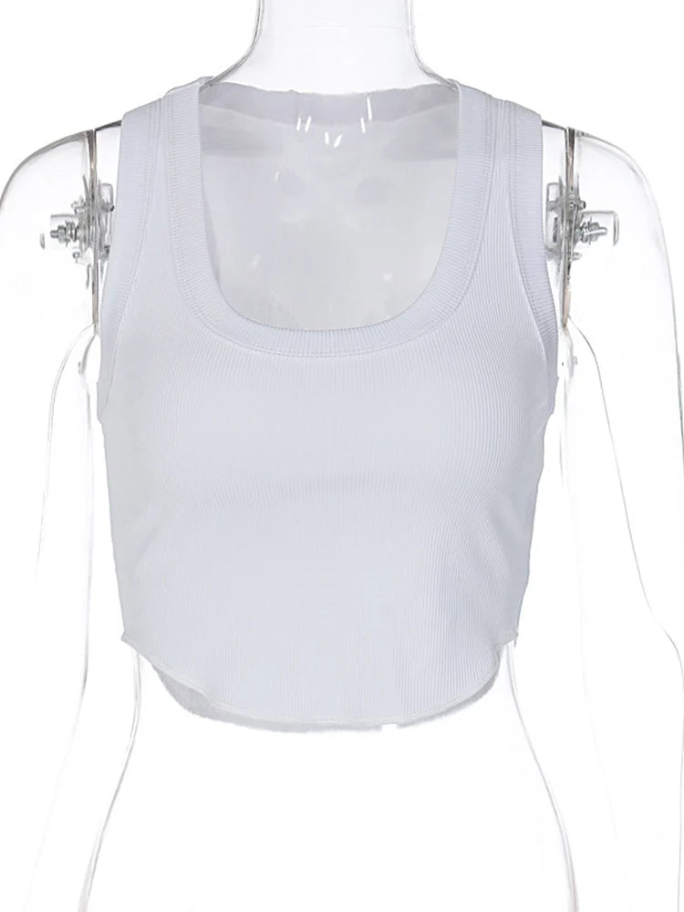 White Ribbed Square Neck Crop Tank Top Women Y2K Streetwear