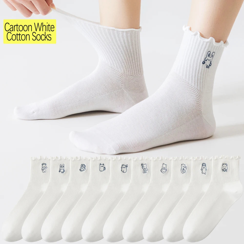 6 Pairs White Cotton Womens Mid Crew Cartoon Ruffle Socks
