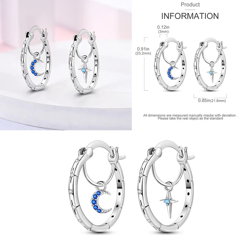 Blue Zircon 925 Sterling Silver Hoop Earrings Star Moon Butterfly Jewelry