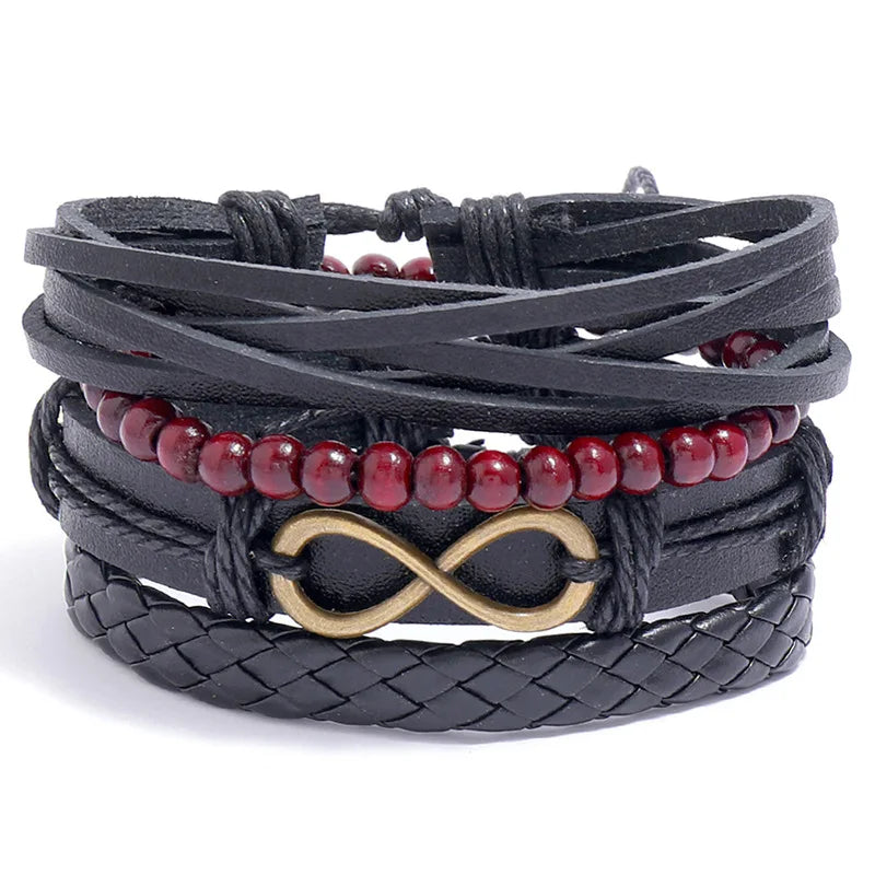 ZORCVENS Men's Handmade Braided Leather Bracelet Set - Vintage Black Punk Fashion Gift