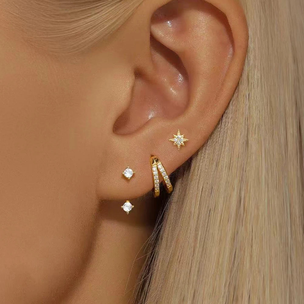 3PCS 18K Gold Plated Stainless Steel Zircon Flower Hoop Earrings Set for Women Trendy Wedding Jewelry