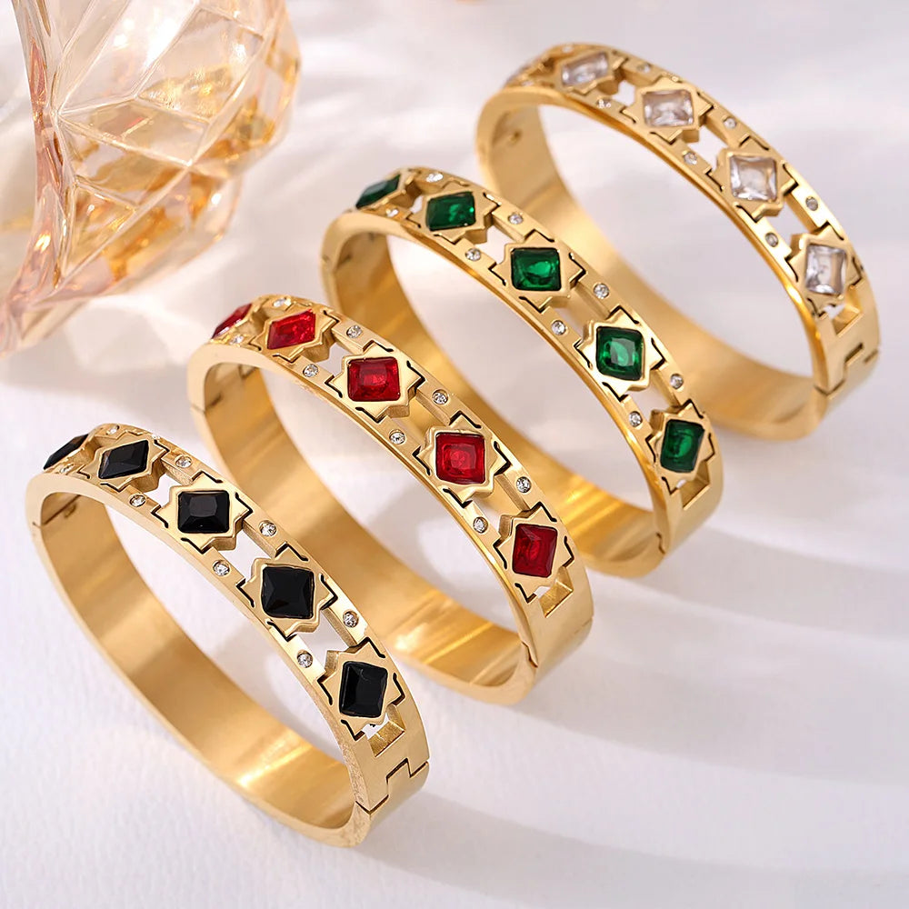 Vintage Gold Plated Stainless Steel Bracelet with Red Glass Bangle Charm Luxury Jewelry Gift for Women
