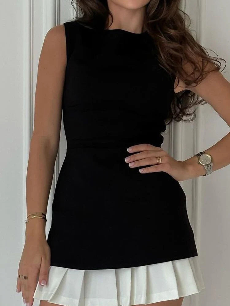 Office Patchwork Pleated Mini Dress For Women Sleeveless
