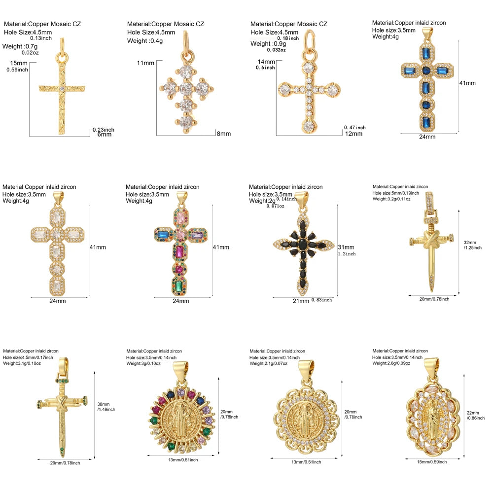 Gold Cubic Zirconia Cross Dangle Charms for Jewelry Making Necklace Bracelet Earrings