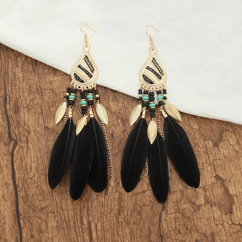 Bohemian Long Feather Drop Earrings with Tassel Beads and Enamel Flowers for Women