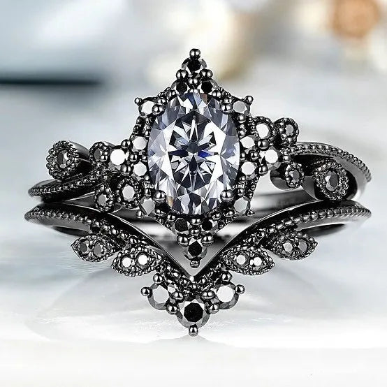 Elegant Black Stone Flower Rings Set for Women - Classic Party Jewelry Gift