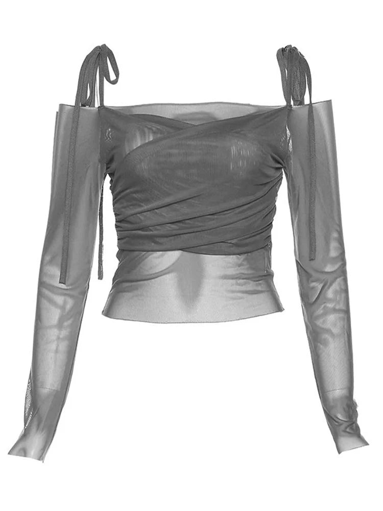 Y2K Slash Neck Off Shoulder Mesh Crop Top With Straps