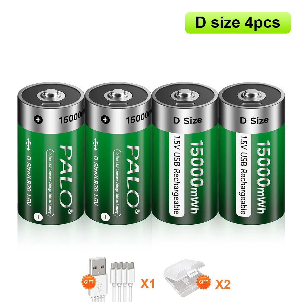 1.5V USB LR20 Battery Rechargeable R20 15000mWh D Size Type Batteries with Type-C Cable 4 PCS Battery