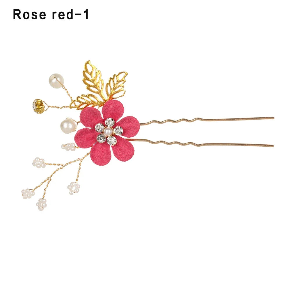 Luxury Crystal Crown Hair Combs - Elegant Bridal Clips with Leaf Design rose red 3
