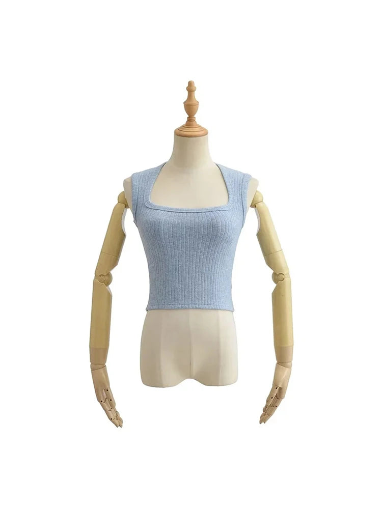 Dozw Elastic Knit Crop Top For Women Solid Summer Sleeveless