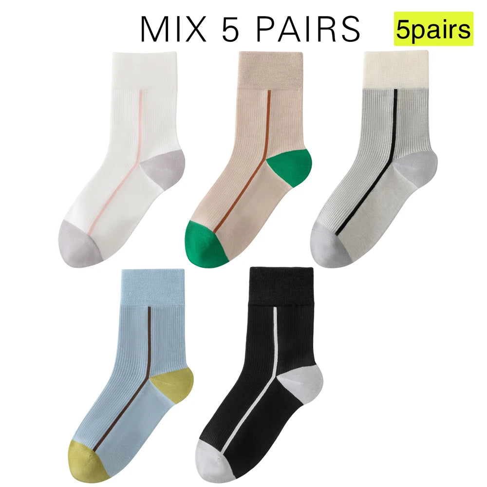 5 Pairs Womens Cotton Mid Calf Seamless Ventilated Socks