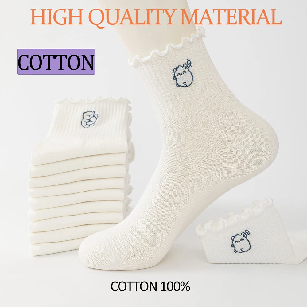 6 Pairs White Cotton Womens Mid Crew Cartoon Ruffle Socks