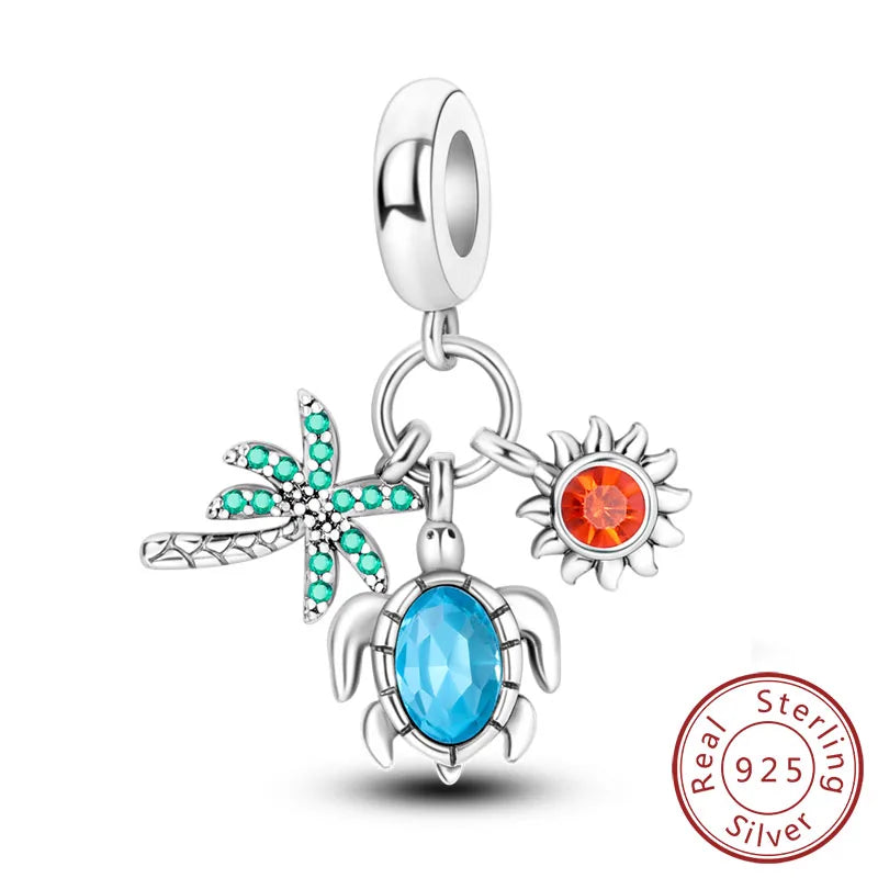 925 Sterling Silver Ocean Turtle Beach Charms Blue Shell