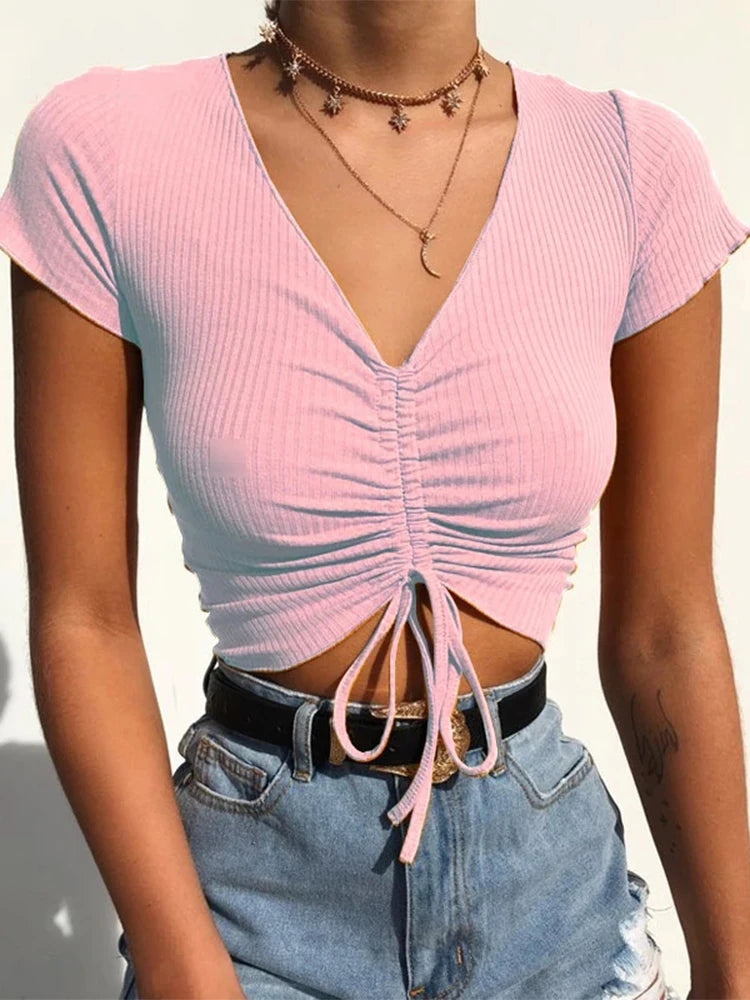 Women Candy Colors V Neck Cropped Tank Top Drawstring Tie