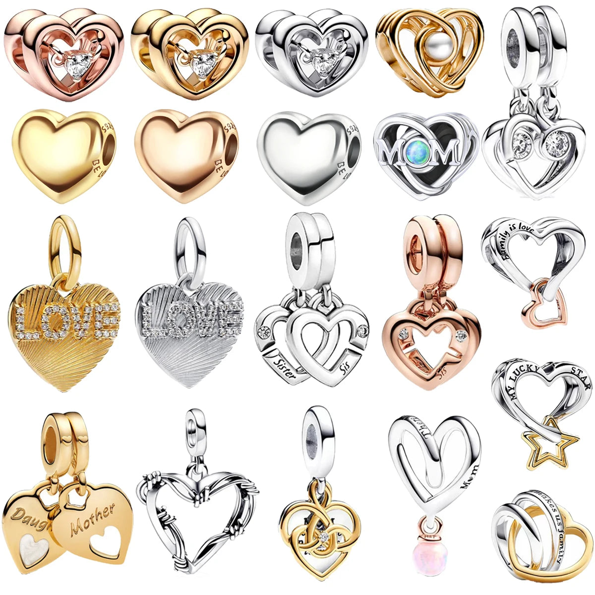 925 Sterling Silver Golden Heart Star Beads Charms for DIY Bracelet and Necklace Gift for Women Mother and Sister