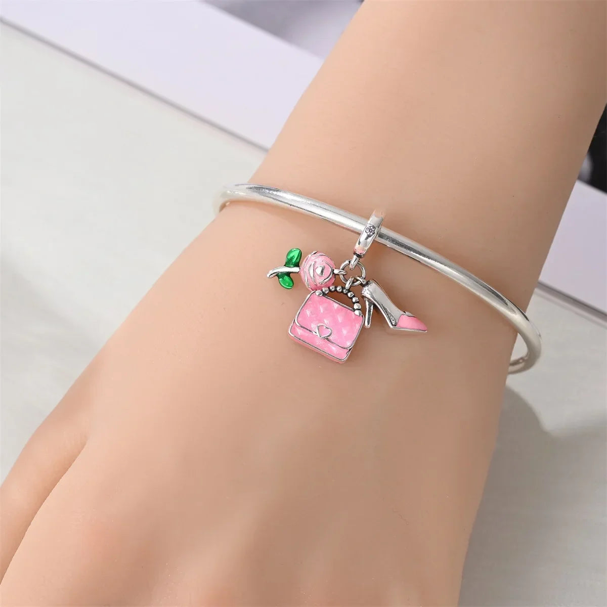 Romantic 925 Sterling Silver Pink Lipstick Heart Bow Rose Flower Zircon Charm Bead for DIY Bracelet Jewelry Gift