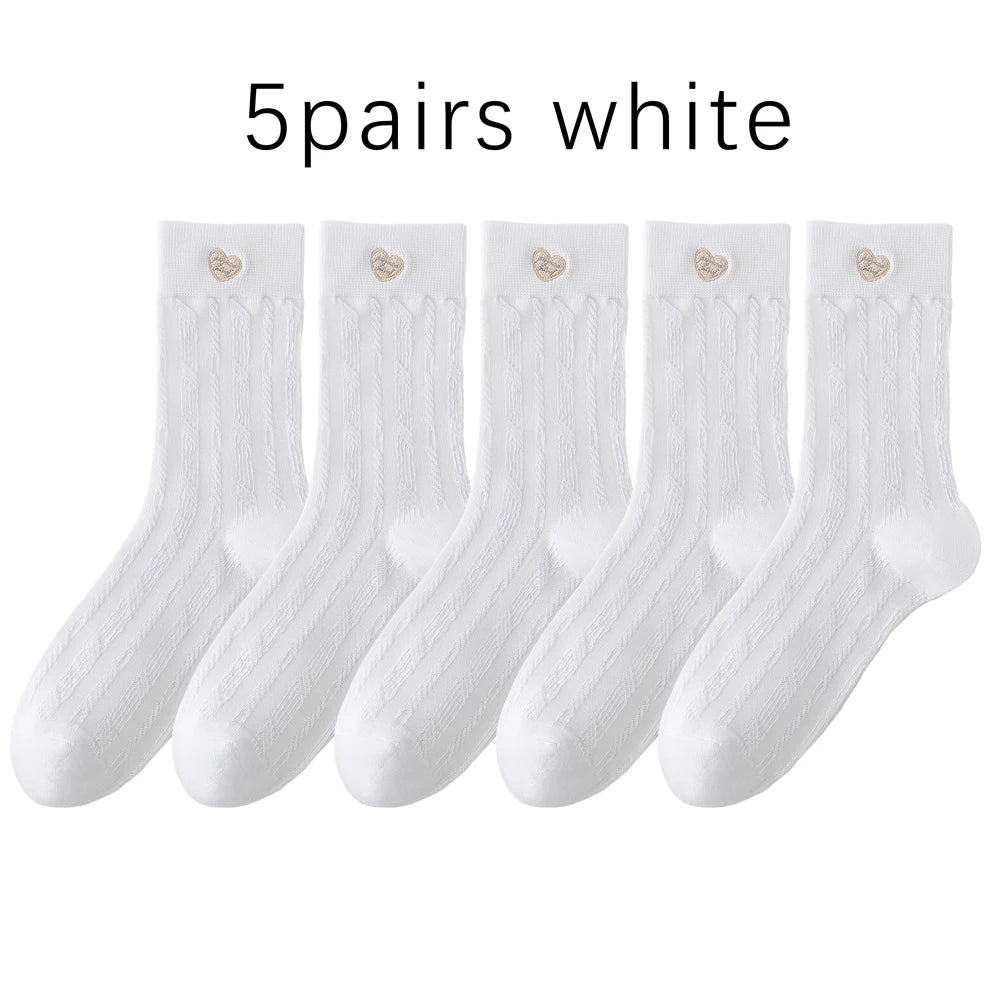 Kawaii Japanese Embroidered Cotton Mid Calf Socks 5 Pairs