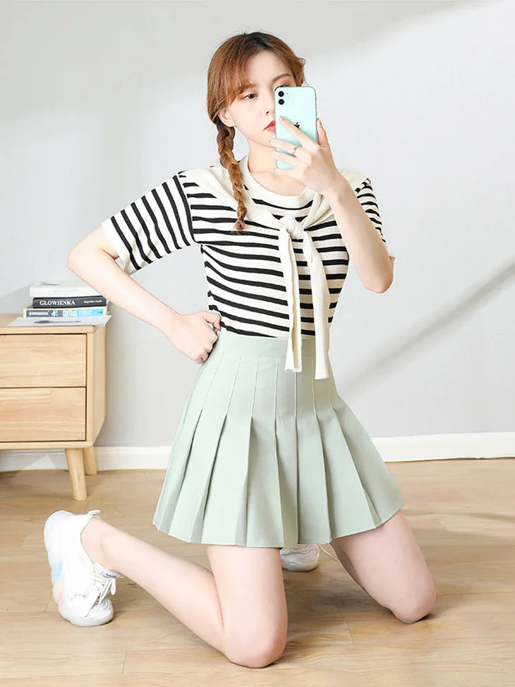 Brown High Waist Pleated Mini Skirt Harajuku Korean Style