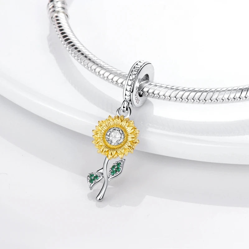 925 Silver Flower Charms Sunflower Tulip Pendants for Bracelet Jewelry Making