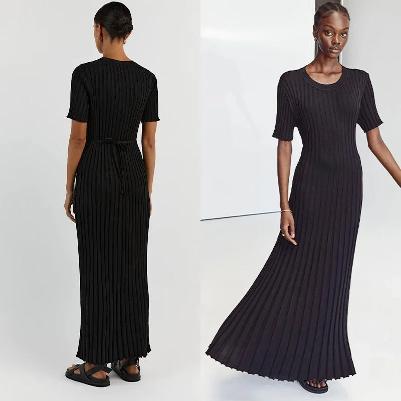 Knitted Women Long Dress Short Sleeve Pleated Lady Dresses black
