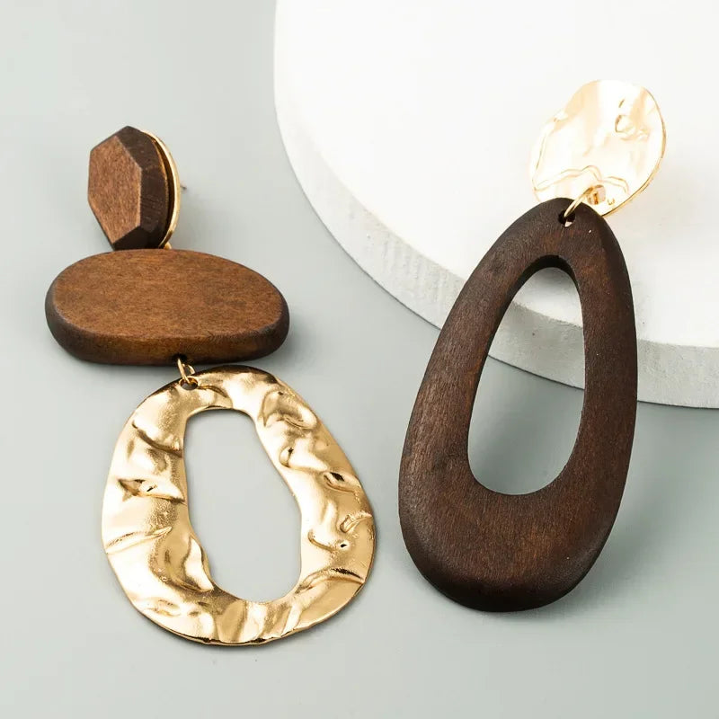 Vintage Alloy Wood Long Drop Earrings for Women - Elegant Banquet Style