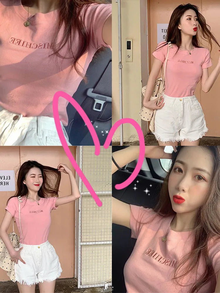 Dozw Cotton Embroidered Womens Slim Short Sleeve T Shirt