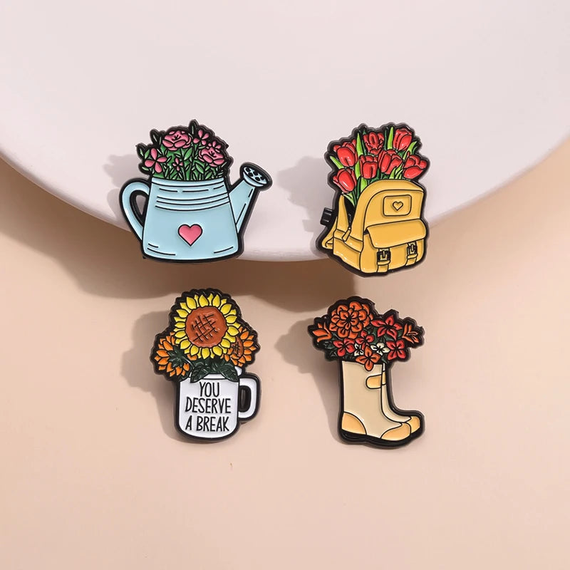 Whimsical Break Enamel Pin Set with Floral Bicycle and Watering Can Designs for Backpacks and Parties