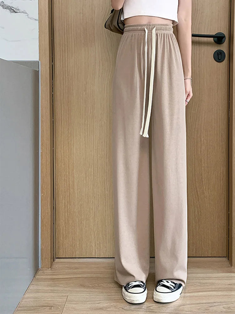 Summer Lace Up Wide Leg High Waist Pants for Women Ice Silk