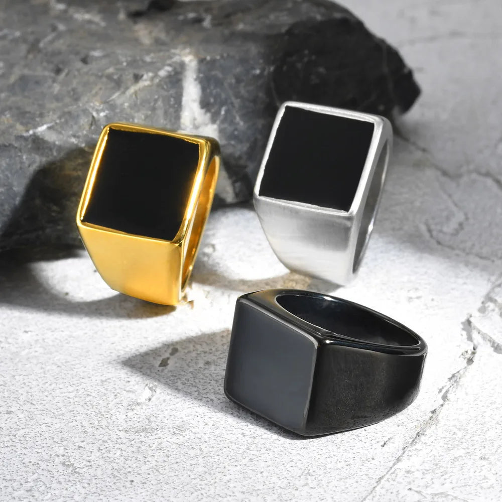 Vnox Black Stainless Steel Signet Ring for Men with Enamel Geometric Top