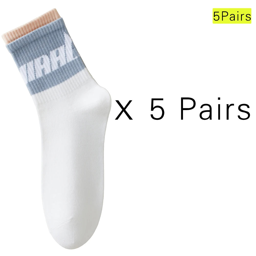 5 Pairs Colorful Breathable Cotton Mid Calf Athletic Socks