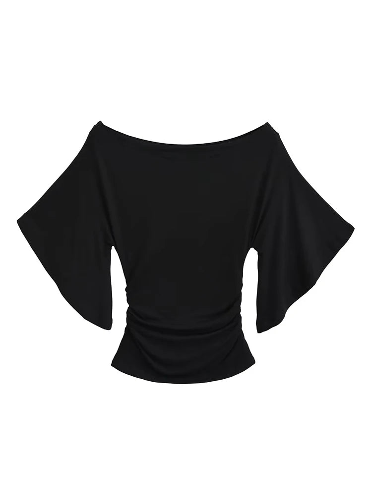 Dozw Women Off Shoulder Bat Sleeve Slim Top Cinched Waist