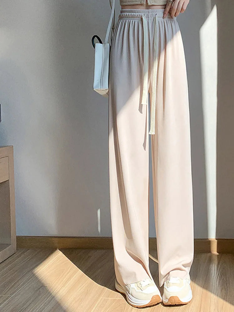 Summer Lace Up Wide Leg High Waist Pants for Women Ice Silk