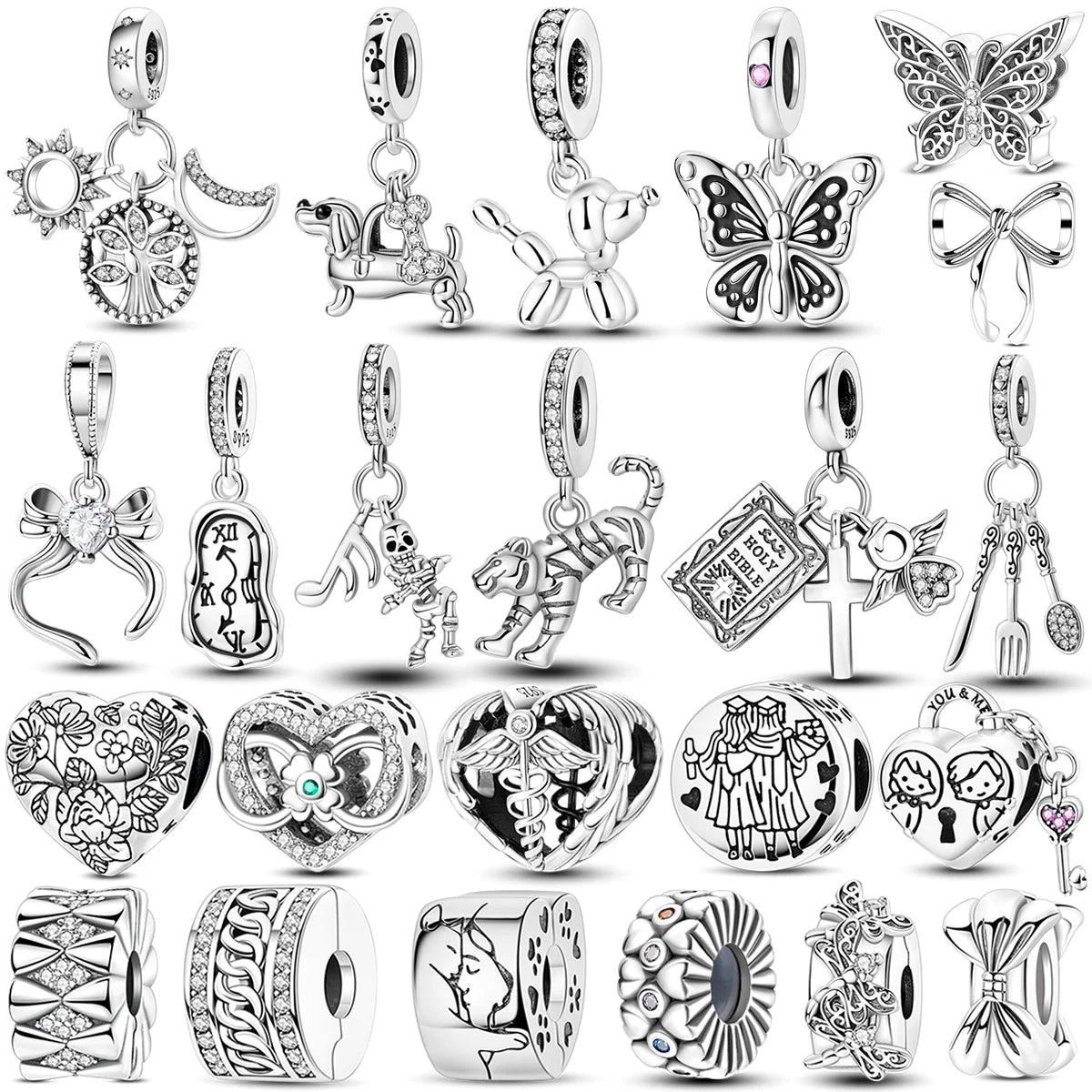 Silver Star Moon Heart Charm Bracelet with CZ Beads and Angel Wing Pendant for Women
