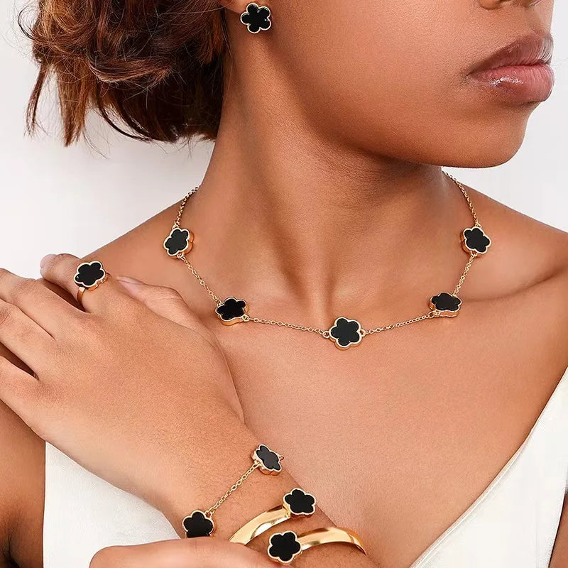 Elegant 5 Leaf Flower Jewelry Set for Women - Necklace, Earrings, Ring, Bracelet - Perfect Christmas and New Year Gift