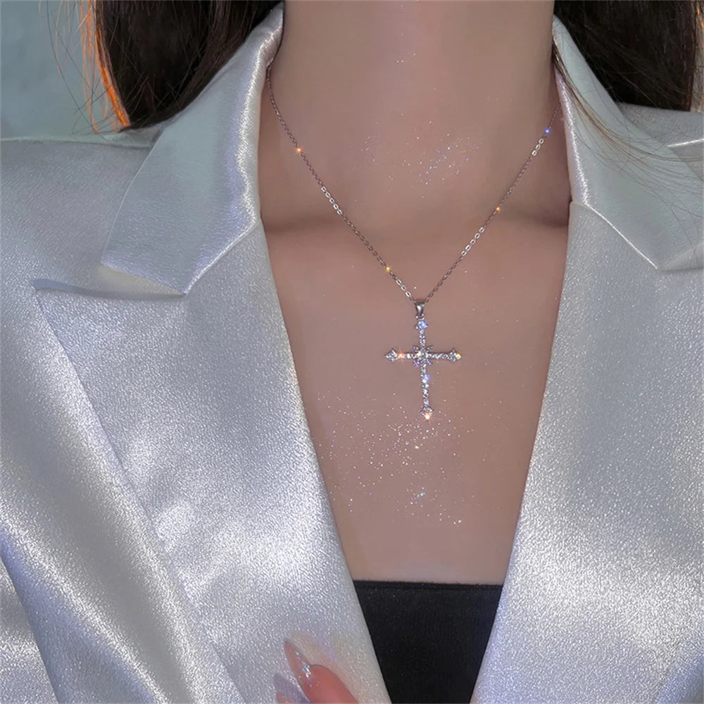 Elegant Crystal Cross Pendant Necklace Silver Star Jewelry for Women NJ-1034