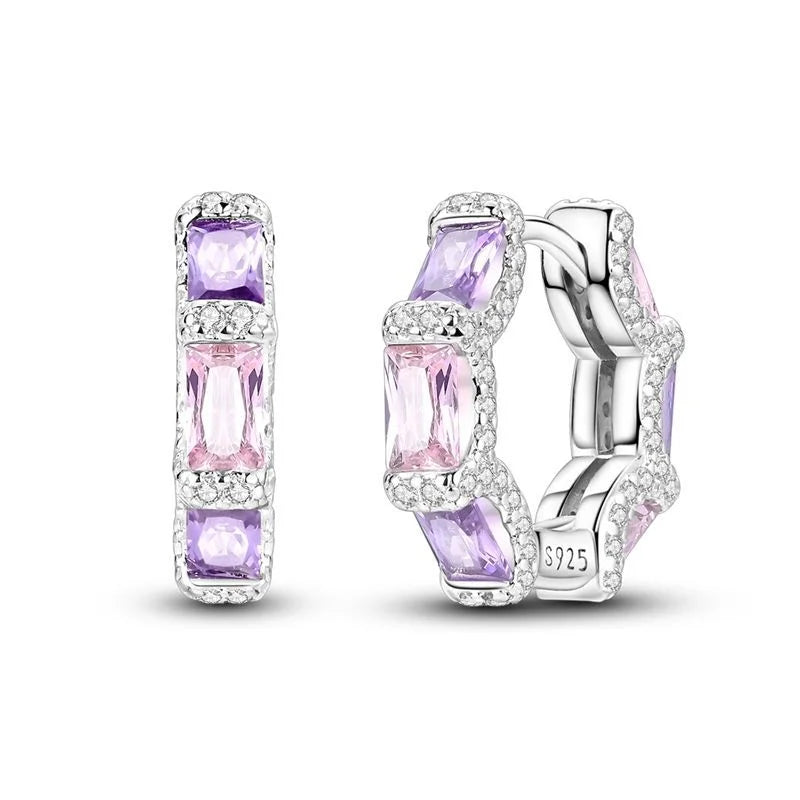 Sparkling 925 Sterling Silver Colorful Heart Zircon Round Huggie Bow Stud Earrings for Women Elegant Sweet Jewelry Gifts